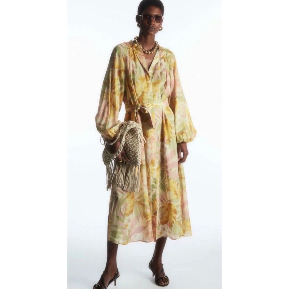 COS Floral Print V-Neck Midi Dress, Waist Tie, Pockets, Lyocell, Sz 10